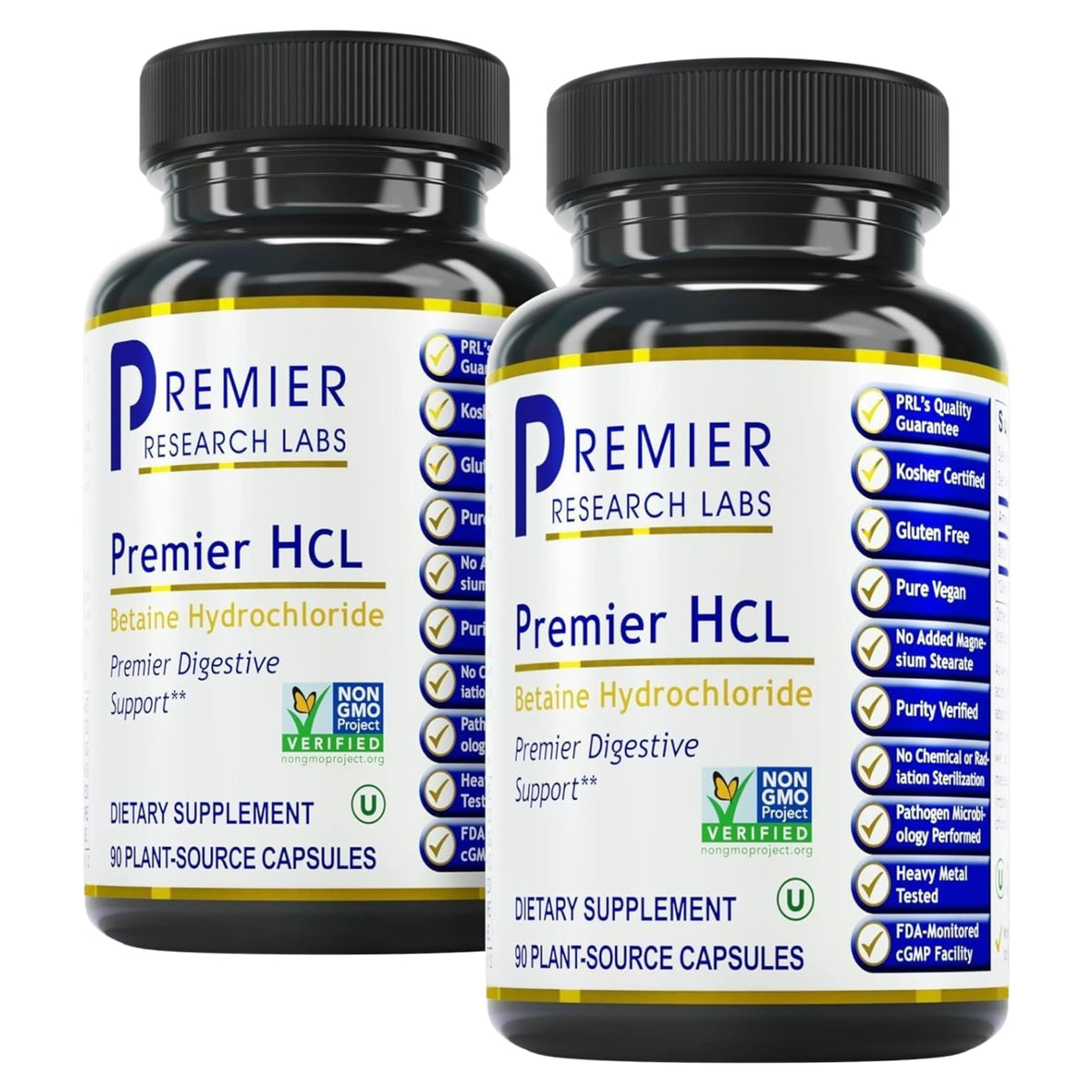 Premier Research Labs Premier HCL bottle front view shows vegetarian capsules for daily use.