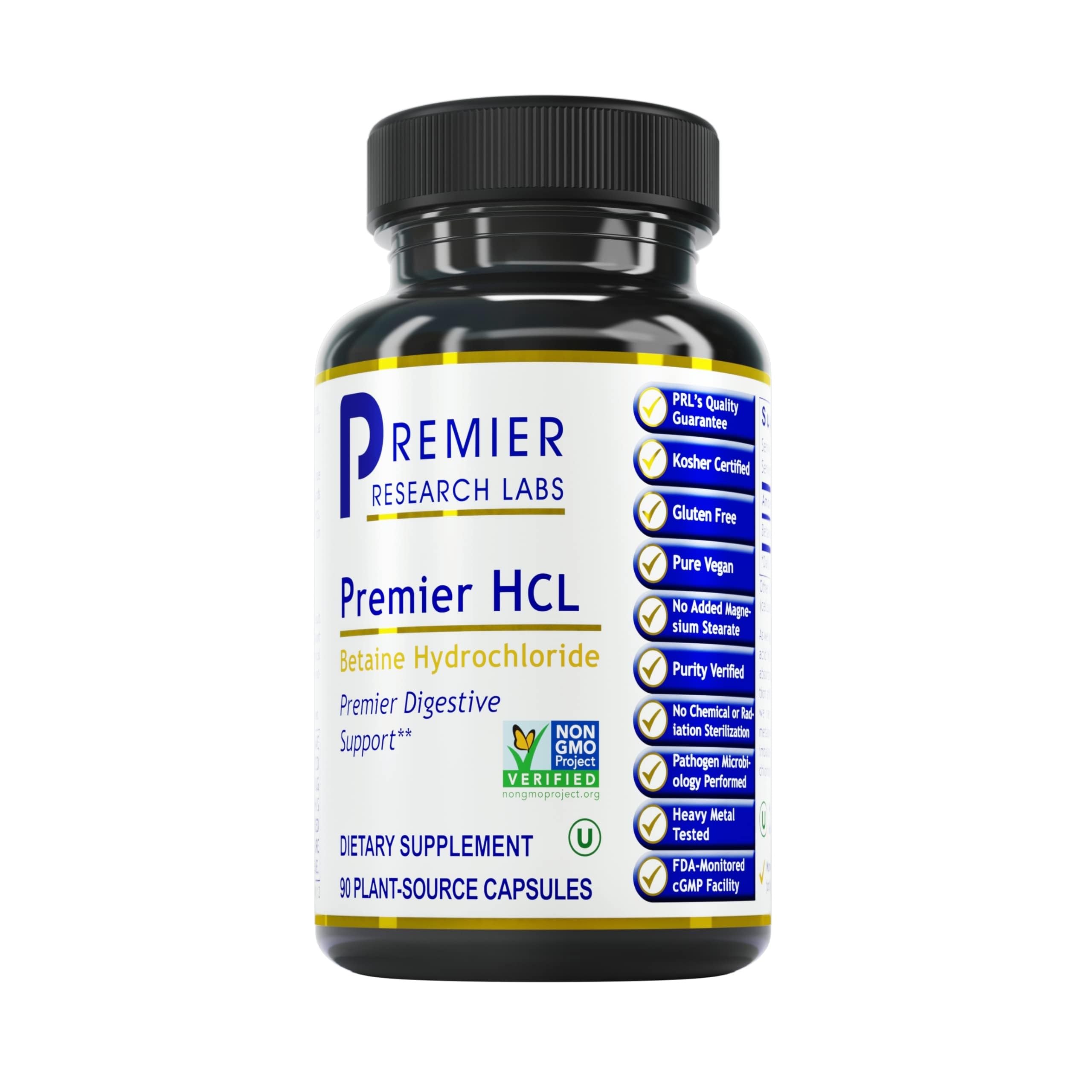 Premier Research Labs Premier HCL bottle on white suggesting digestive support options