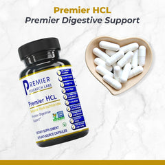Close-up of Premier HCL capsules illustrating compact, easy-to-swallow form.