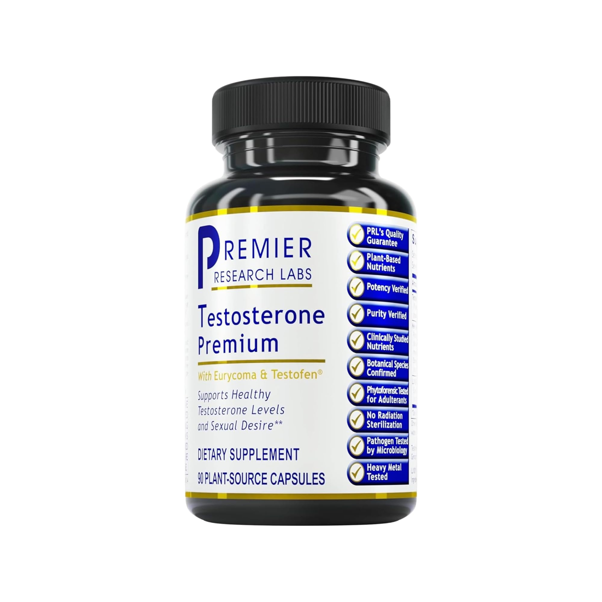 Premier Research Labs Testosterone Premium bottle with capsules supports daily vitality.