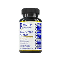 Premier Research Labs Testosterone Premium bottle with capsules supports daily vitality.