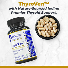 ThyroVen capsules on a surface highlight plant-based formula for men and women.