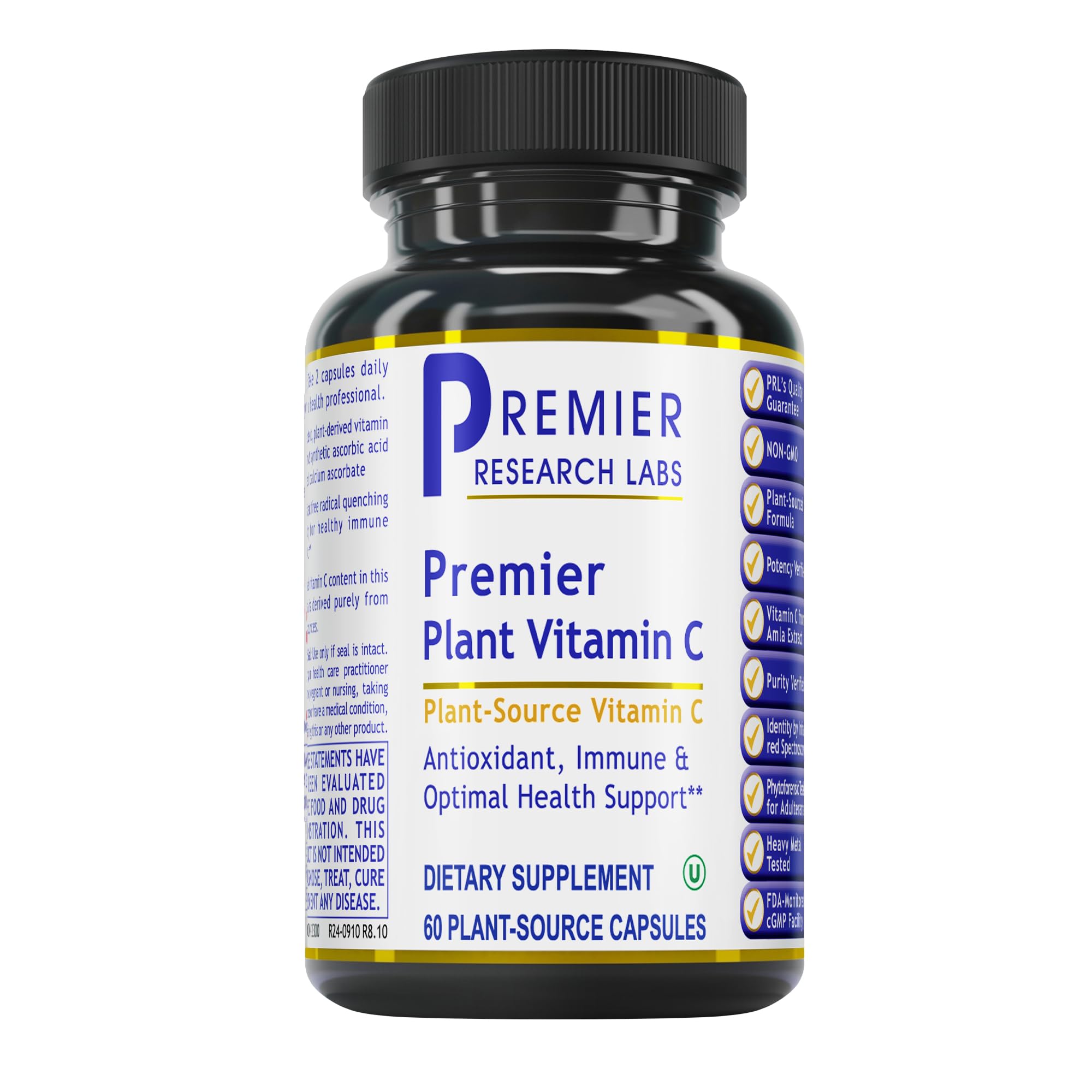 Premier Research Labs Vitamin C supplement bottle highlights a whole-food, bioflavonoid-rich formula.