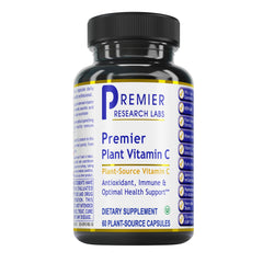 Premier Research Labs Vitamin C supplement bottle highlights a whole-food, bioflavonoid-rich formula.