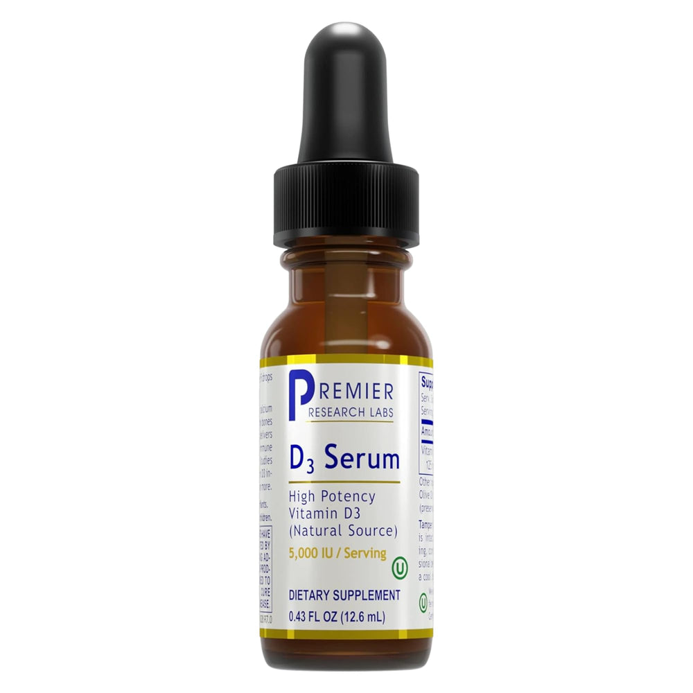 Premier Research Labs Vitamin D3 Serum bottle with drops for daily vitamin D support.
