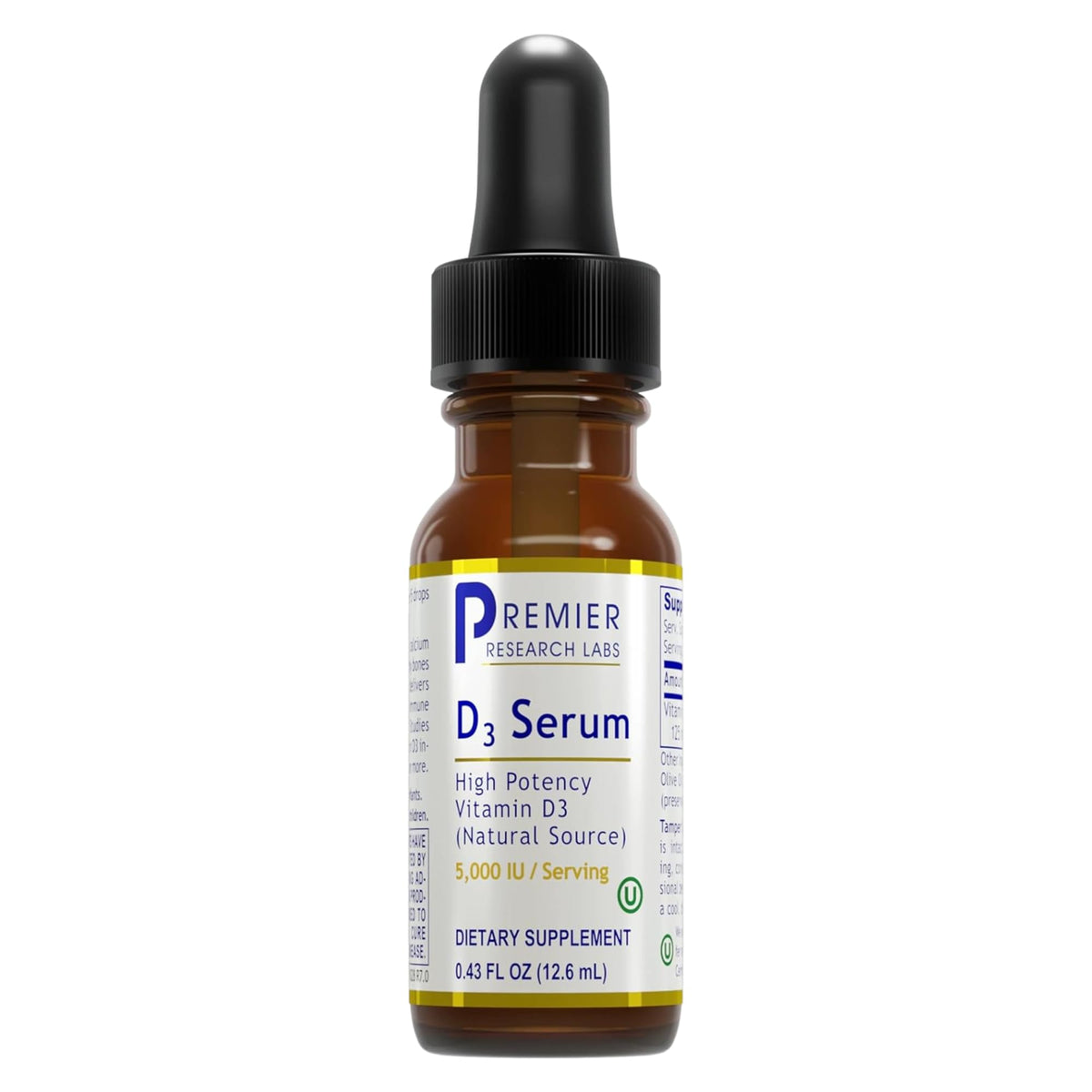 Premier Research Labs Vitamin D3 Serum bottle with drops for daily vitamin D support.