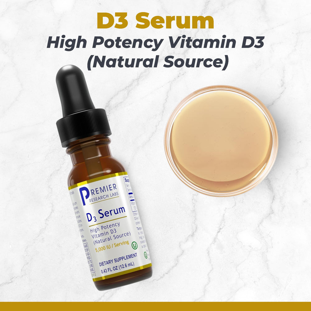 Premier Research Labs Vitamin D3 Serum dropper dispenses precise 5-drop servings.