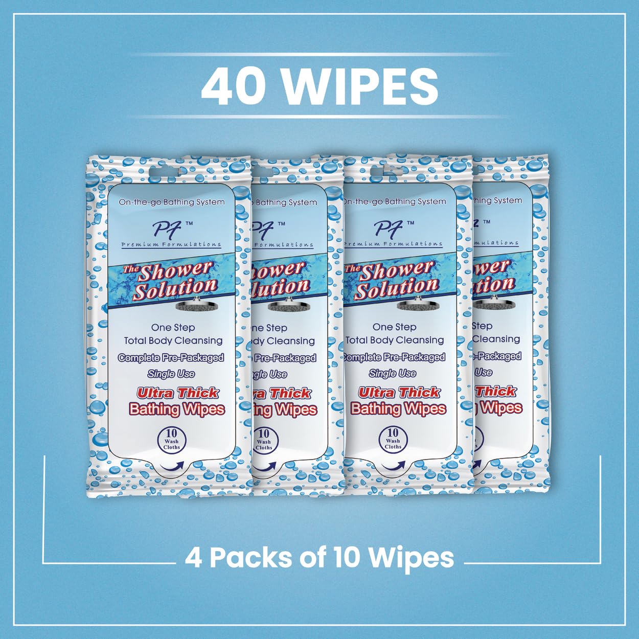 Premium Formulations Shower Solutions ultra-thick soft wipes for comfortable cleansing.