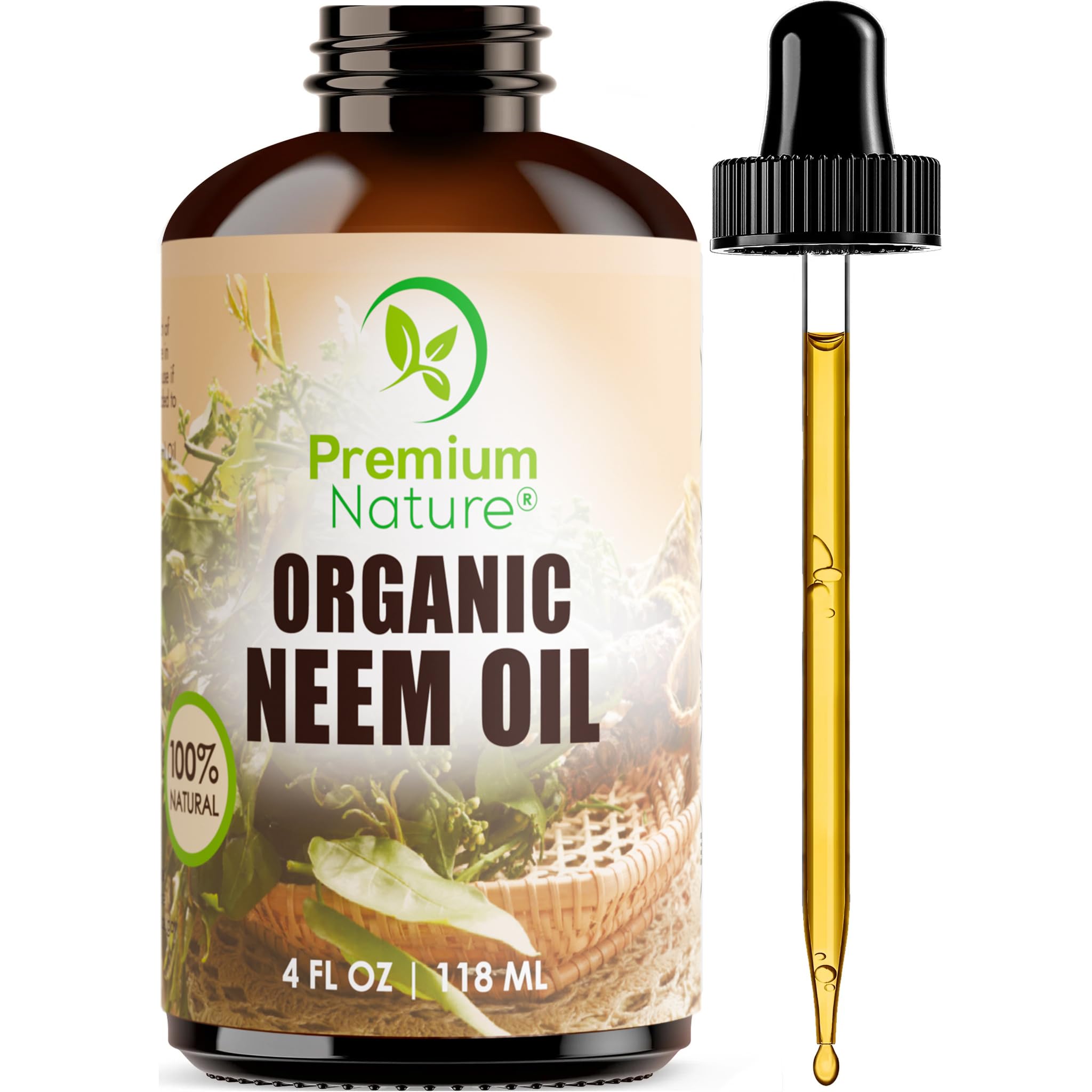 Premium Nature Neem Oil amber bottle for pure skin and hair nourishment.