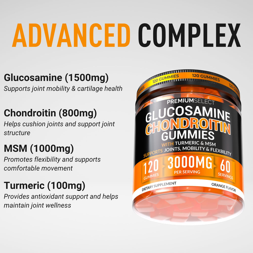 Close-up of Premium Select Nutrition glucosamine chondroitin gummies label.