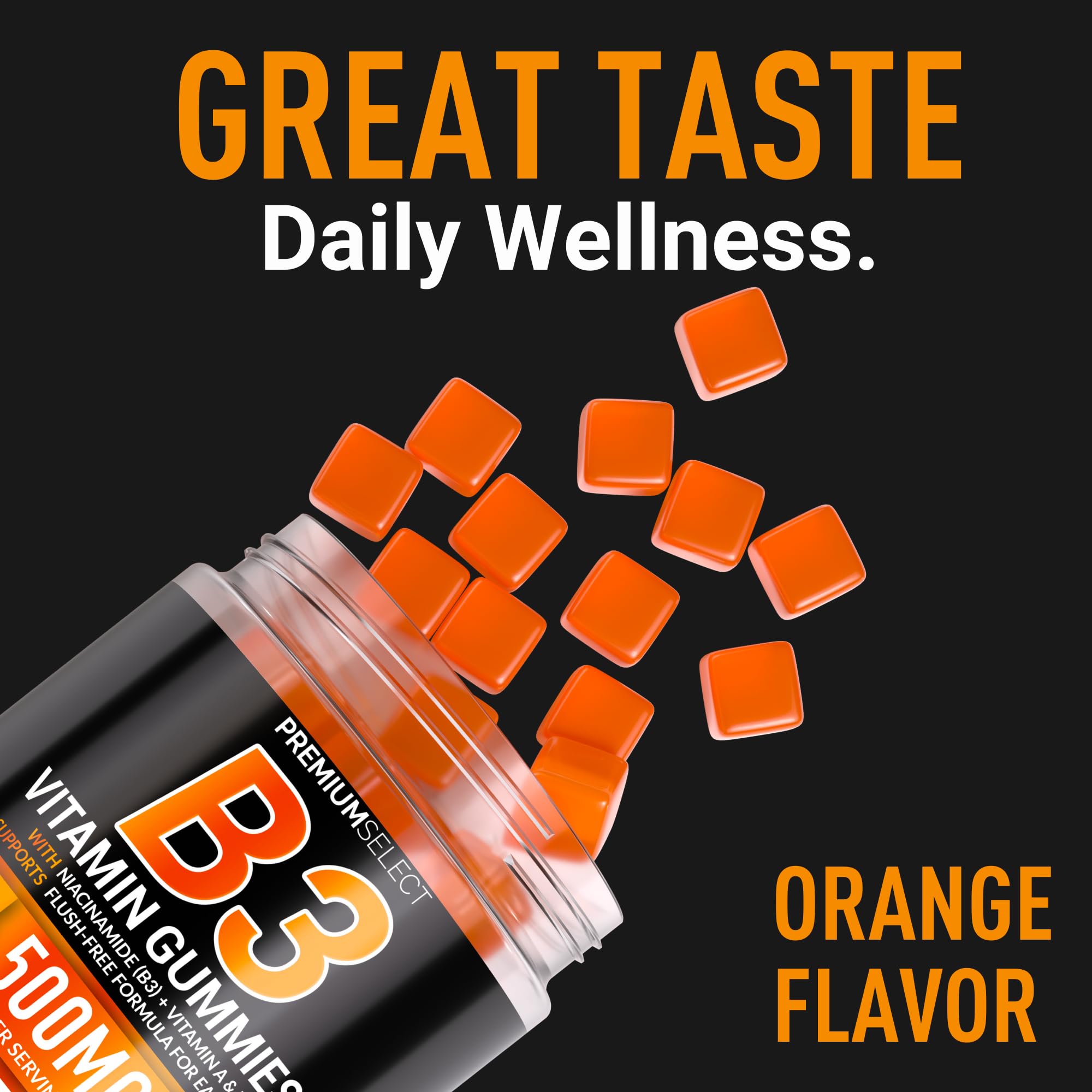 Two orange gummies representing a daily serving for energy support.