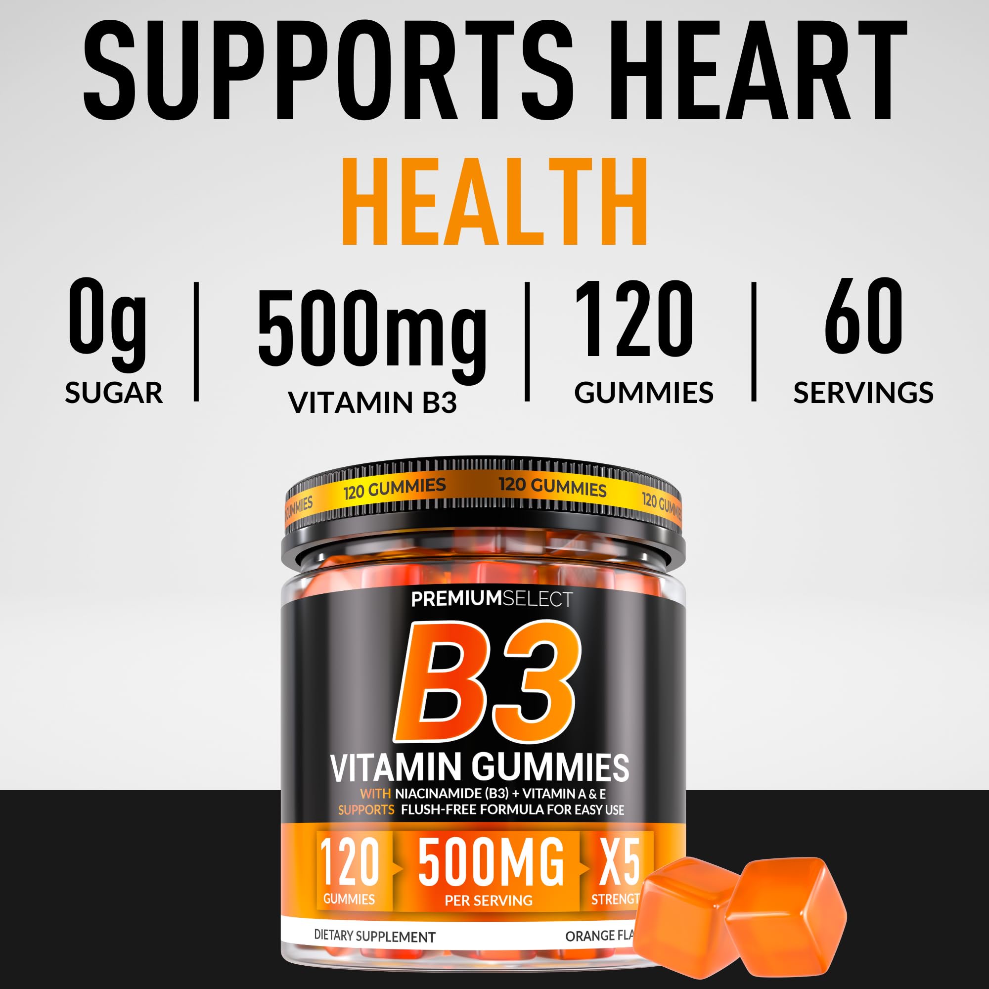 Niacinamide 500mg gummies close-up, showcasing vibrant orange color for daily use.
