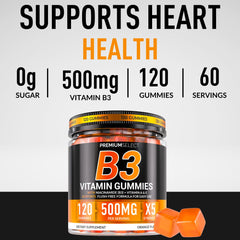 Niacinamide 500mg gummies close-up, showcasing vibrant orange color for daily use.