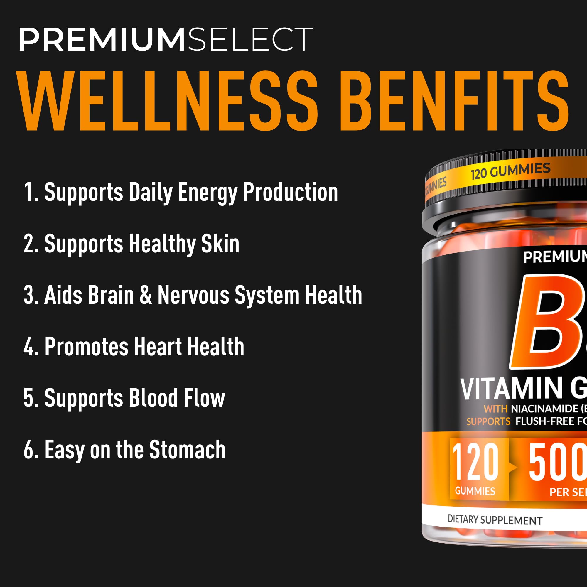 Premium Select Nutrition vegan B3 gummies close-up with orange color and smooth texture for daily use.