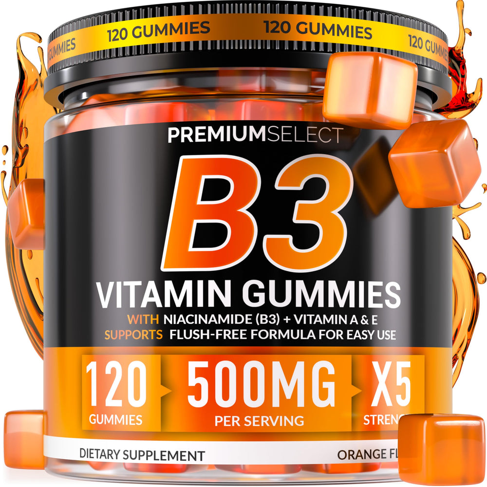 Premium Select Nutrition Vitamin B3 gummies jar with orange flavor for daily energy.
