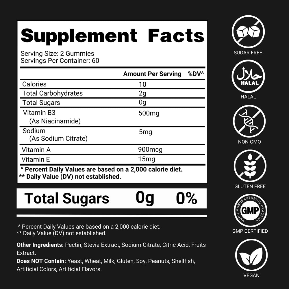 Premium Select Nutrition Vitamin B3 gummies label shows vitamins A & E for antioxidant support.
