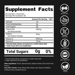 Premium Select Nutrition Vitamin B3 gummies label shows vitamins A & E for antioxidant support.