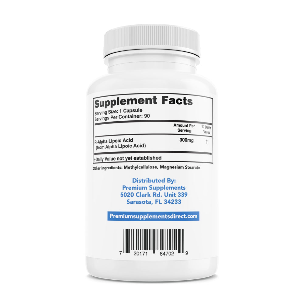 Premium-Supplements R-Alpha Lipoic Acid capsules closeup showing dose accuracy