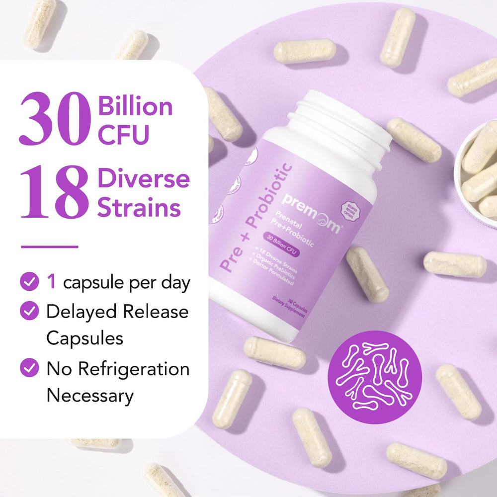 Premom 30B CFU dosage graphic emphasizing gut and immune balance