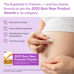 Premom prenatal bottle back label with folate and choline details