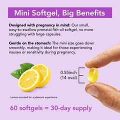 Premom Prenatal DHA bottle pour illustrating burpless capsules and easy handling.