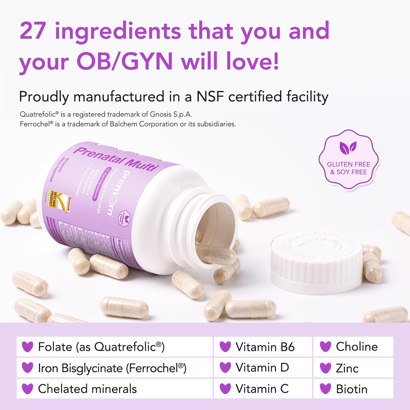 Premom shows 27 traceable ingredients including methyl folate and choline