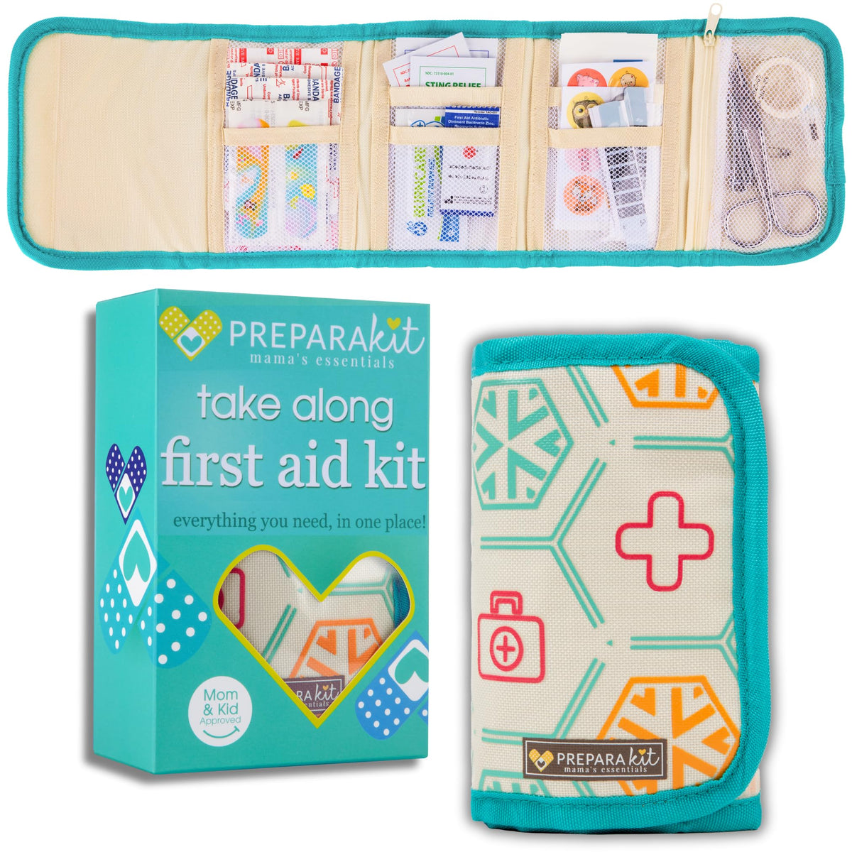 PreparaKit travel first aid kit for kids in a mini car, easily accessible on trips.