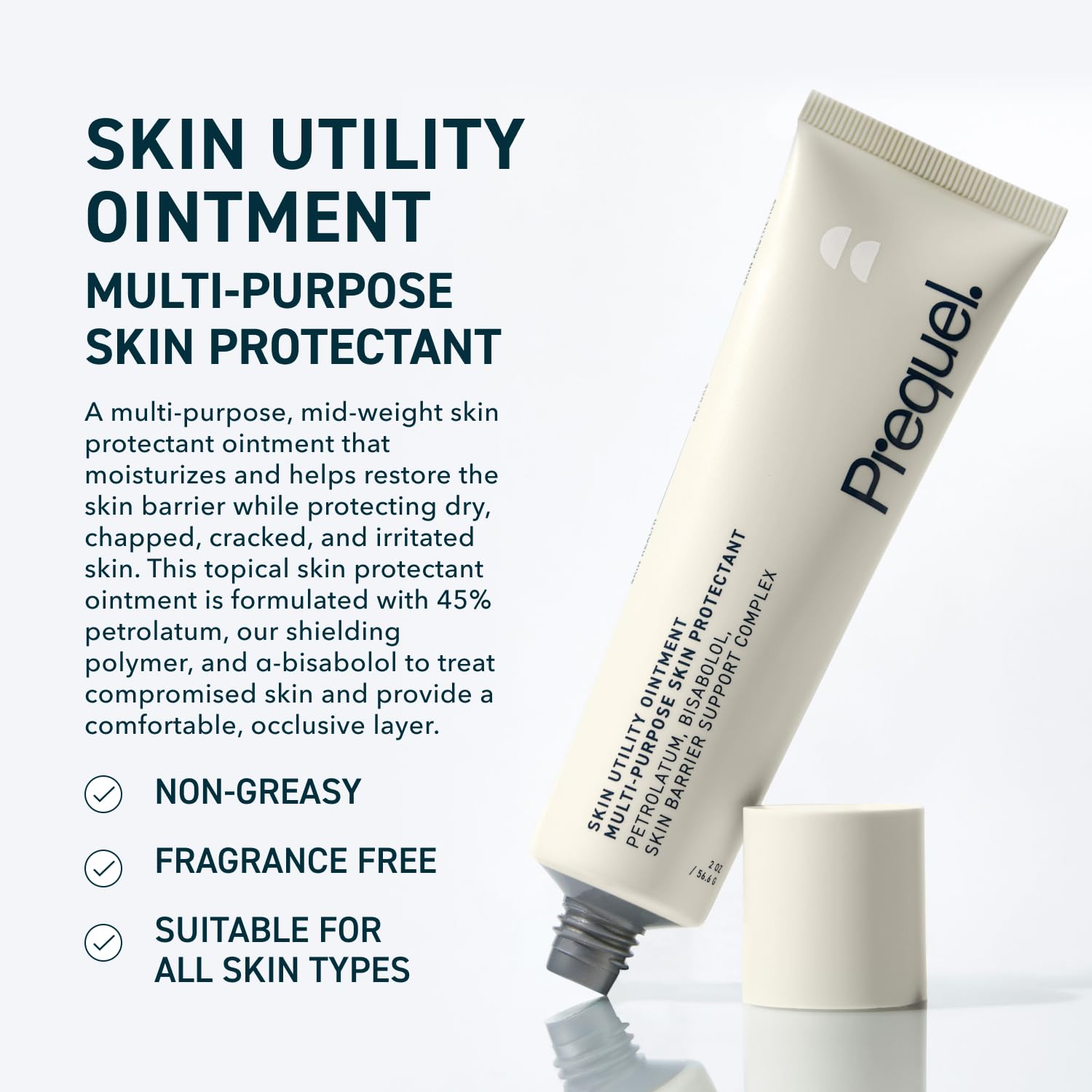 Prequel Skin Utility Ointment texture swatch highlights barrier-restoring cream for moisture retention