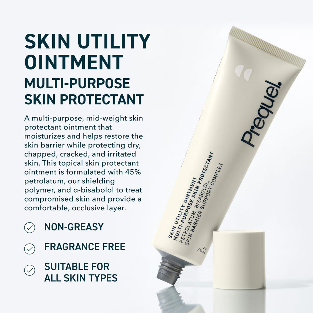 Prequel Skin Utility Ointment texture swatch highlights barrier-restoring cream for moisture retention