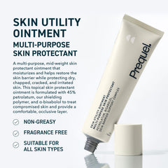 Prequel Skin Utility Ointment texture swatch highlights barrier-restoring cream for moisture retention