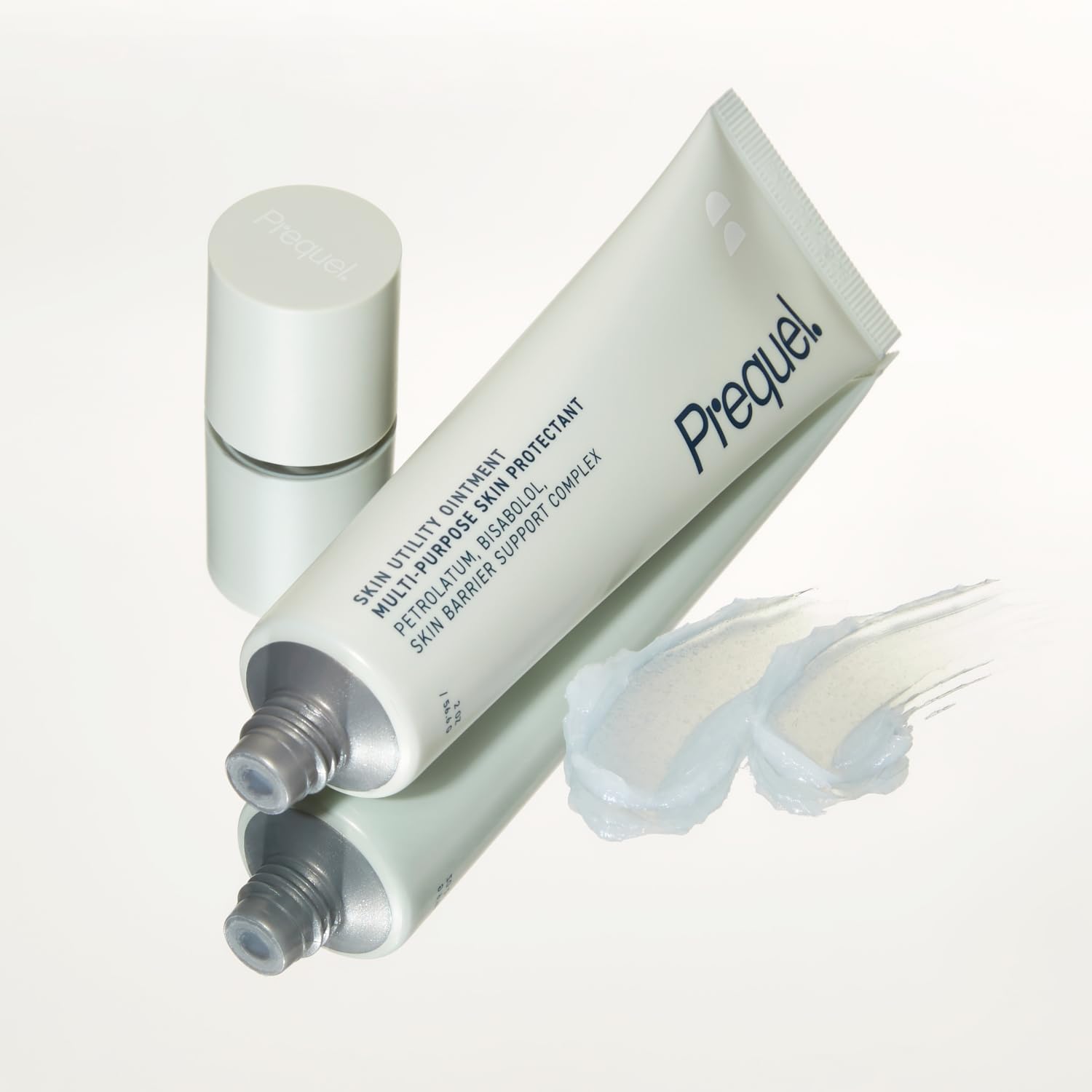 Prequel Skin Utility Ointment usage guide demonstrates pea-sized dab for daily protection