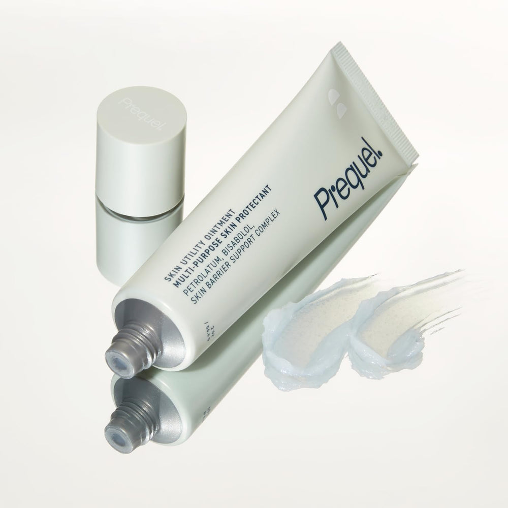 Prequel Skin Utility Ointment usage guide demonstrates pea-sized dab for daily protection
