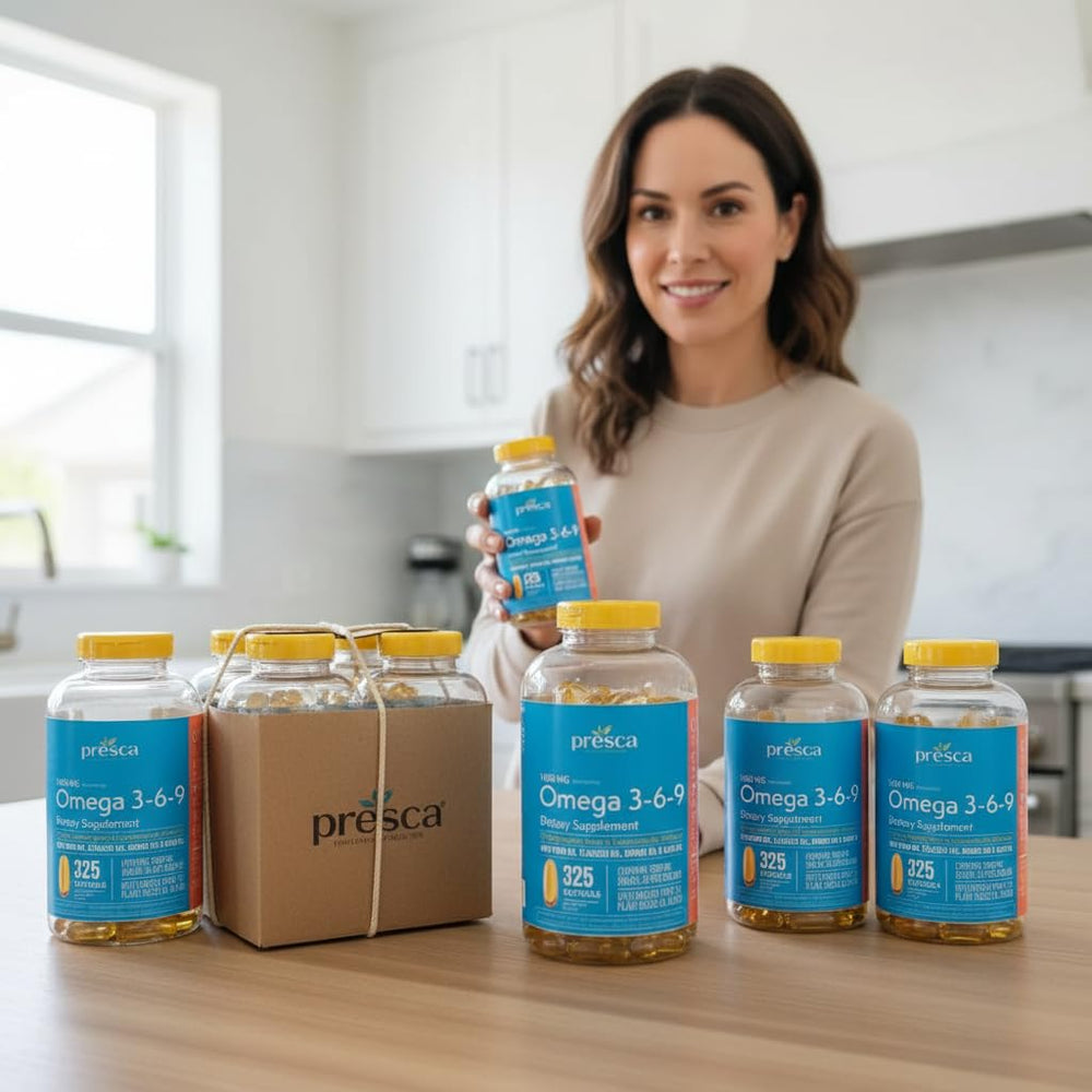 Presca Omega 3-6-9 bottle on table in everyday health routine.