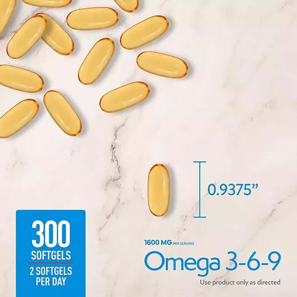 Presca Omega 3-6-9 bottle pour suggesting convenient daily dosage.