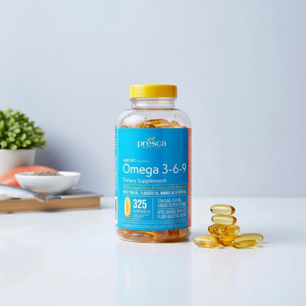 Presca Omega 3-6-9 pill in hand ready to enjoy with meals.