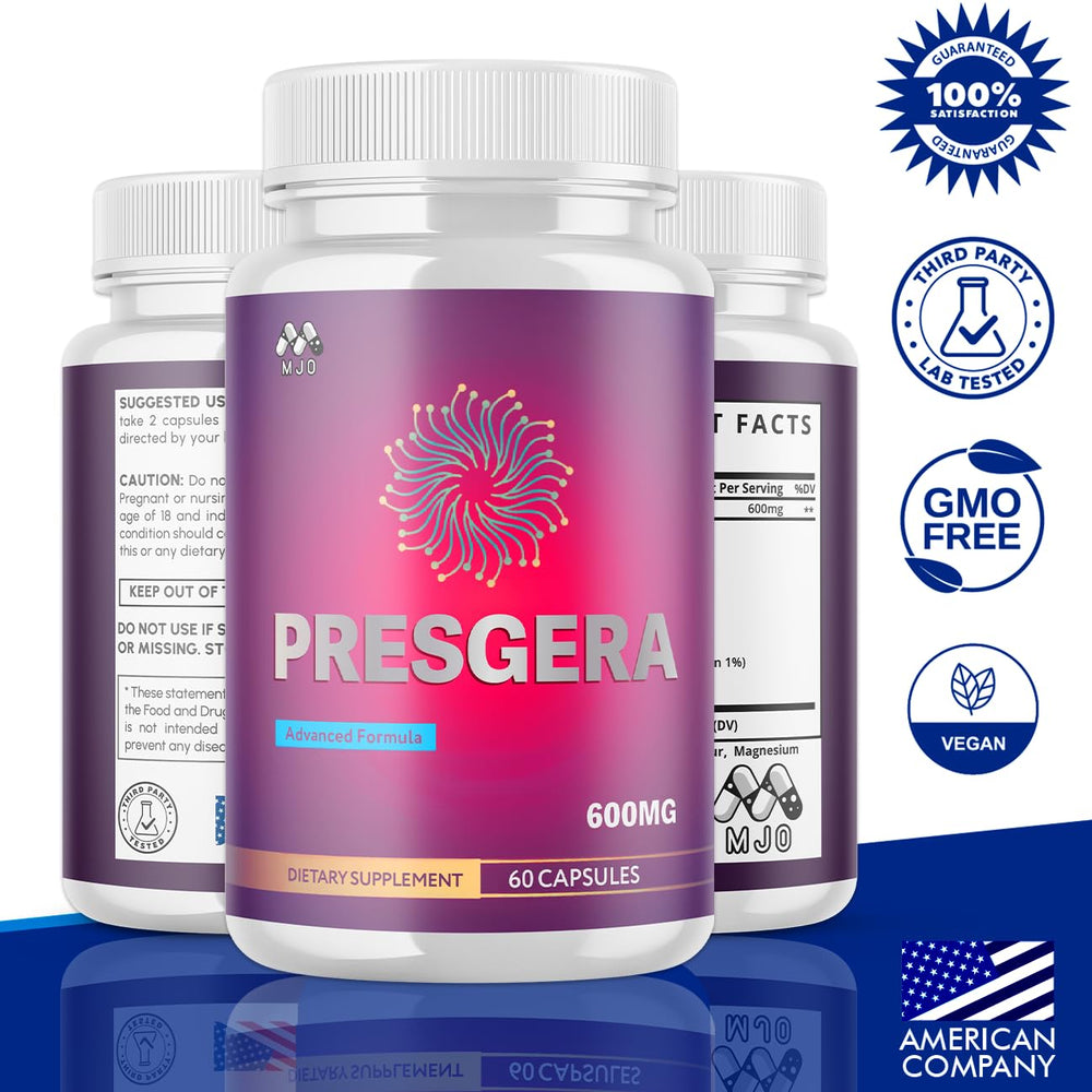 Presgera capsules bottle side view showing convenient daily supplement