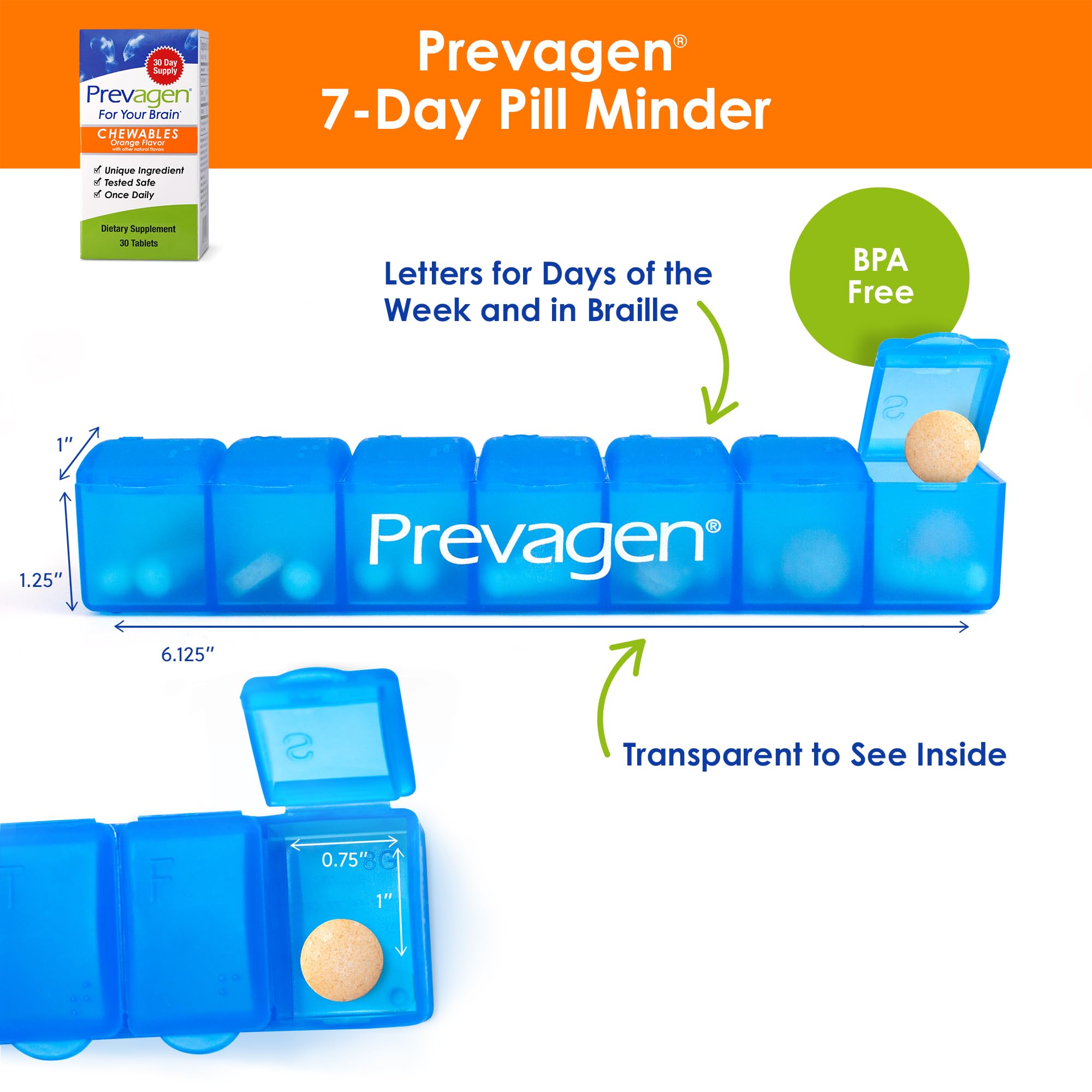 Close-up of Prevagen orange chewable tablet highlighting texture for daily use.