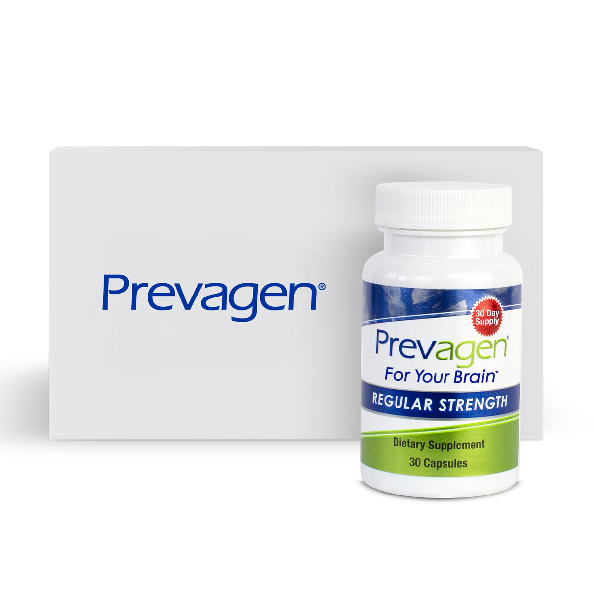 Prevagen Regular Strength bottle front, compact packaging for daily brain support.