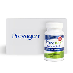 Prevagen Regular Strength bottle front, compact packaging for daily brain support.