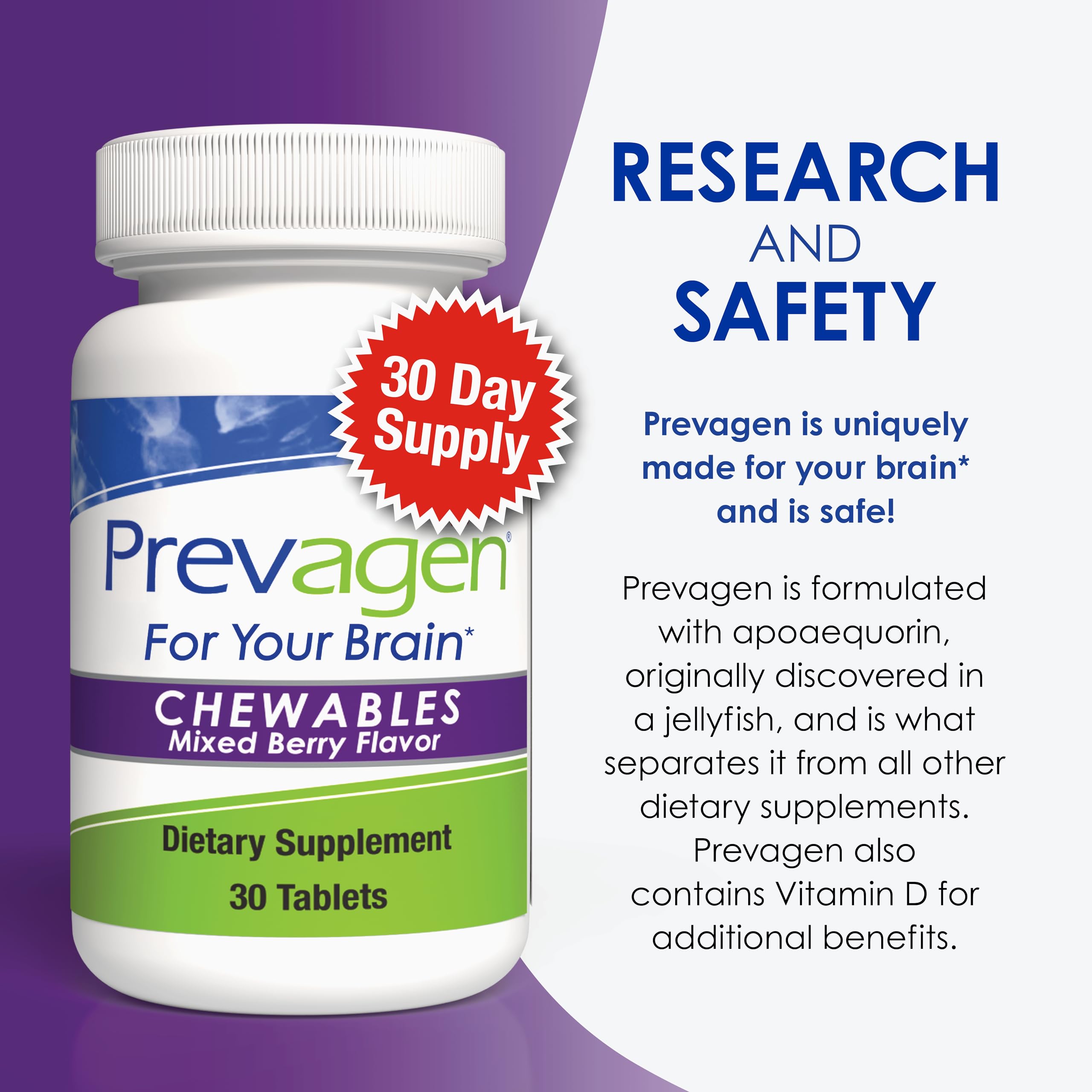 Prevagen bottle open reveals chewable tablets inside.