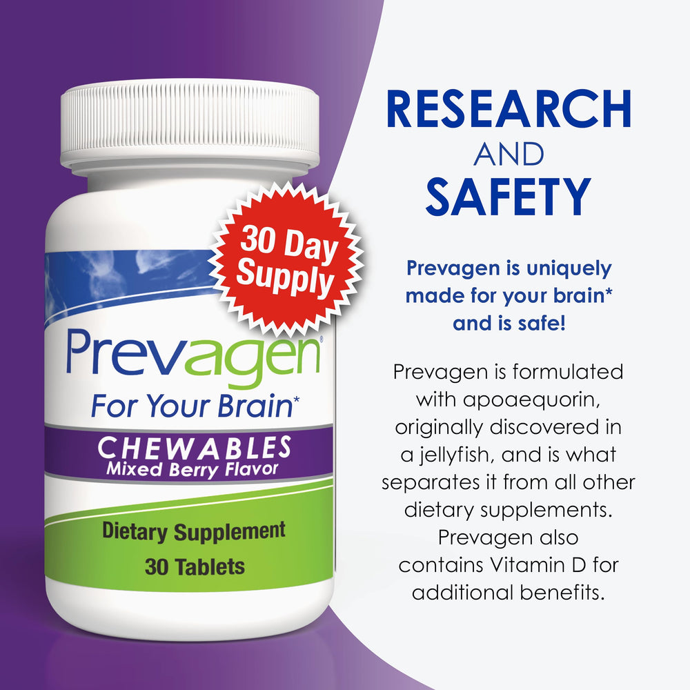 Prevagen bottle open reveals chewable tablets inside.