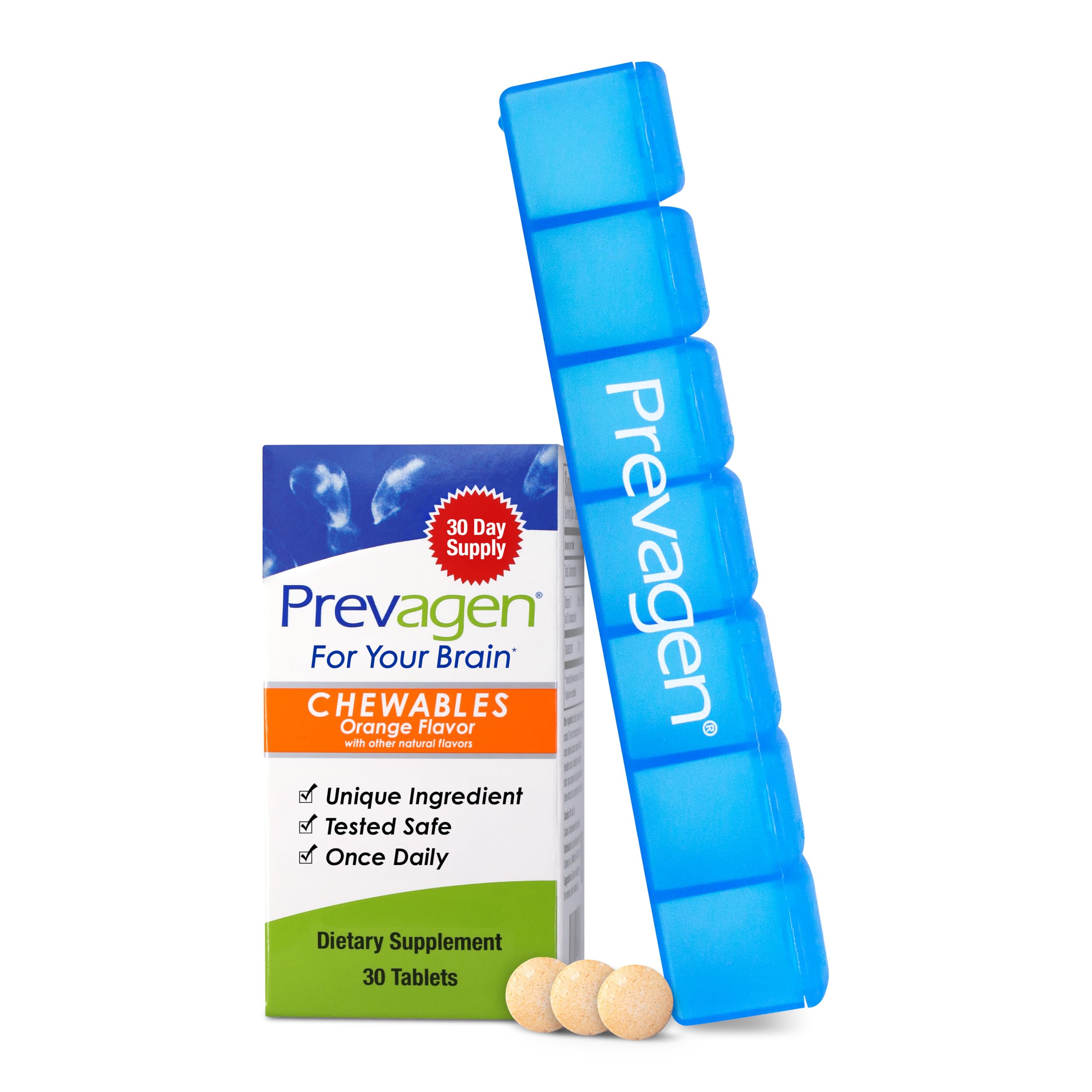 Prevagen regular strength orange chewables bottle for daily brain support.