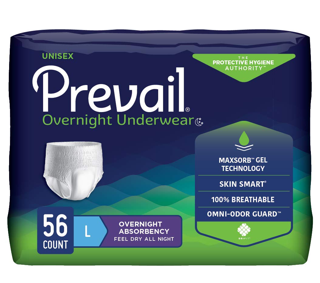 Prevail Overnight underwear packaging shows a 56 count pack for convenient overnight protection