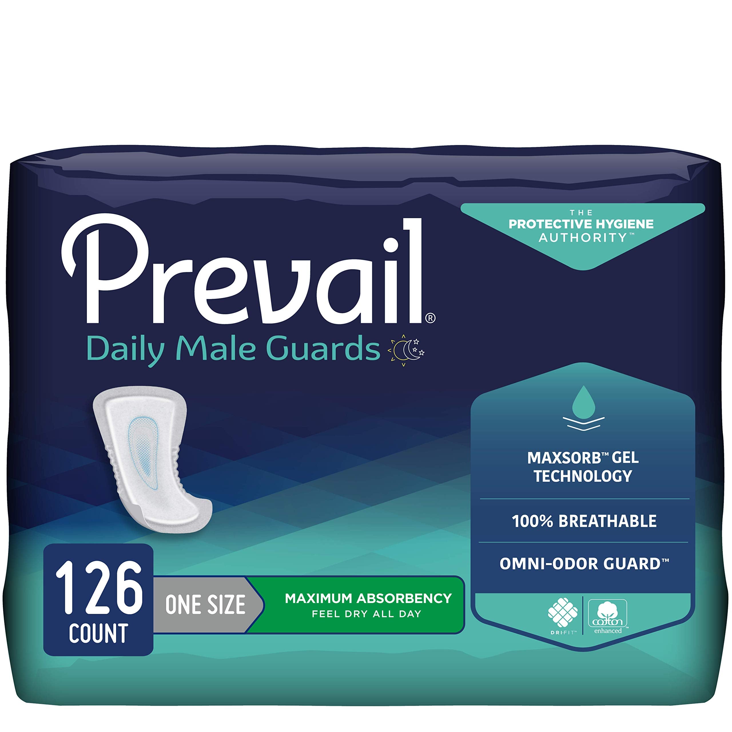 Prevail Proven male guards with contoured cup offer discreet daytime protection.