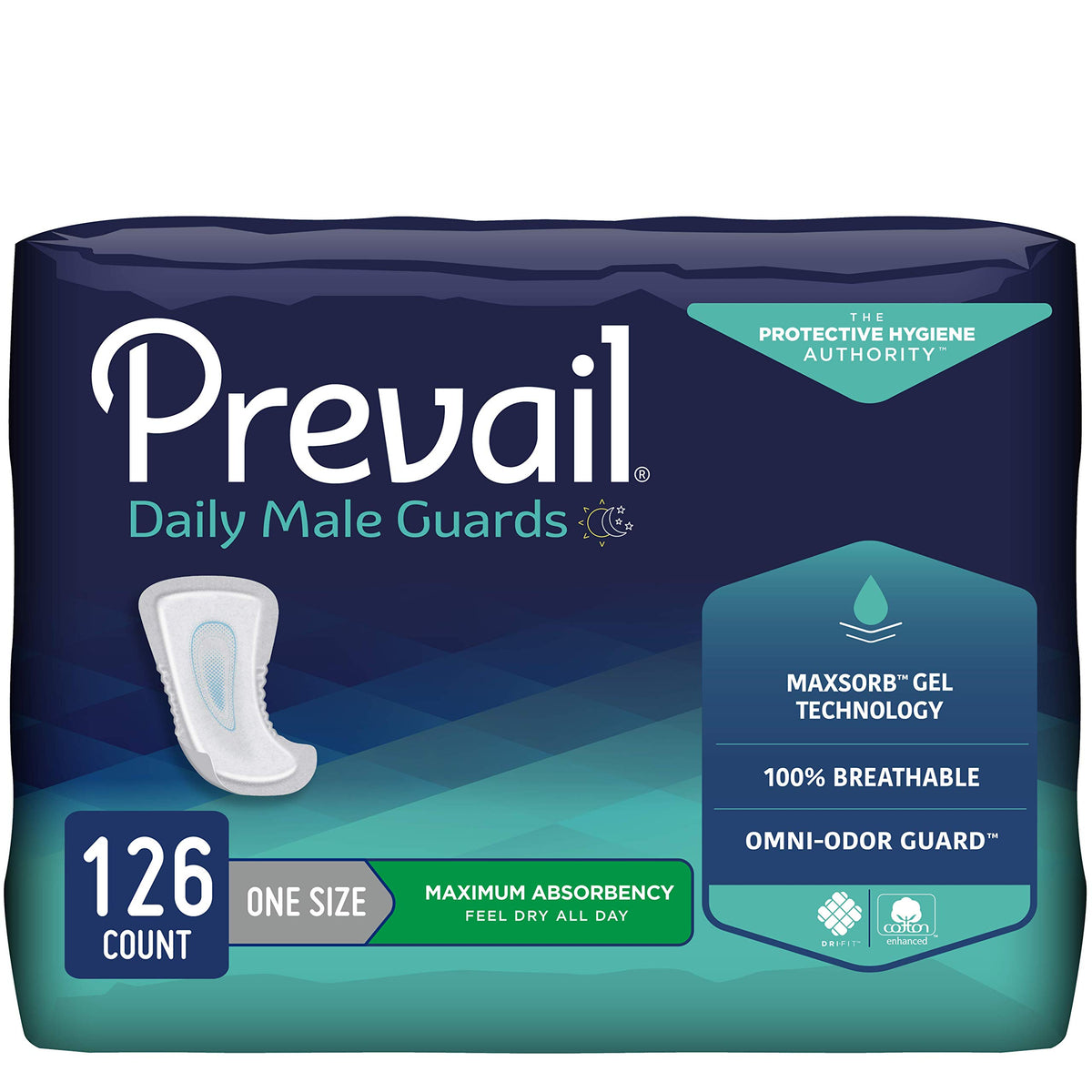 Prevail Proven male guards with contoured cup offer discreet daytime protection.