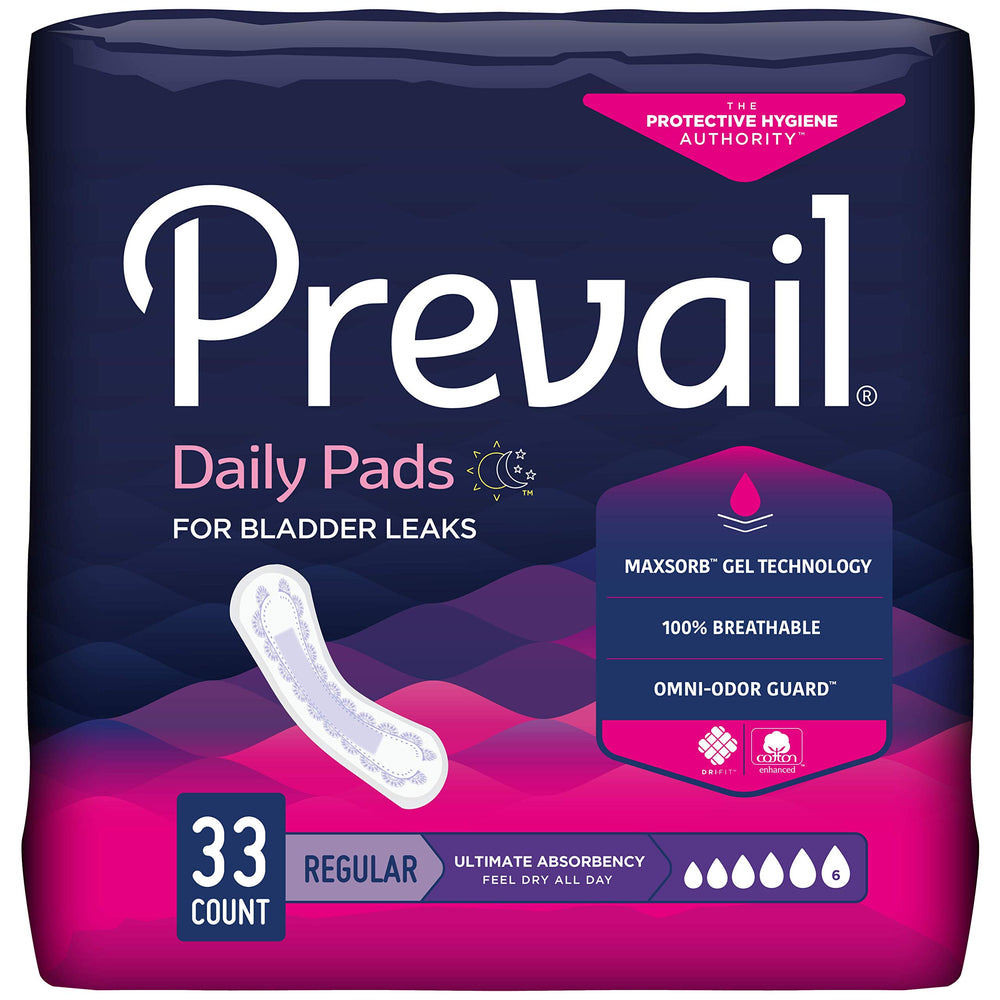 Prevail Ultimate Absorbency Pad pack shot showing discreet fit and all-day protection.