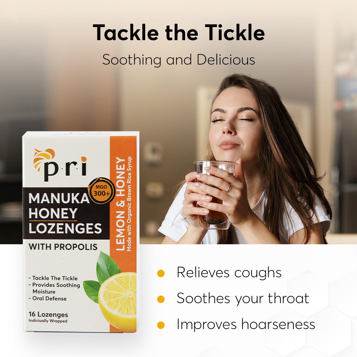 PRI Manuka Honey Lozenges Lemon box closeup emphasizes authentic MGO 300+ certification.