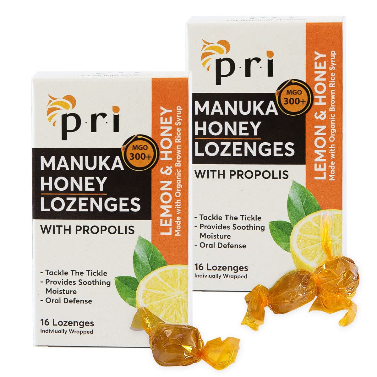PRI Manuka Honey Lozenges Lemon packaging highlights flavor and soothing potential for throat comfort.