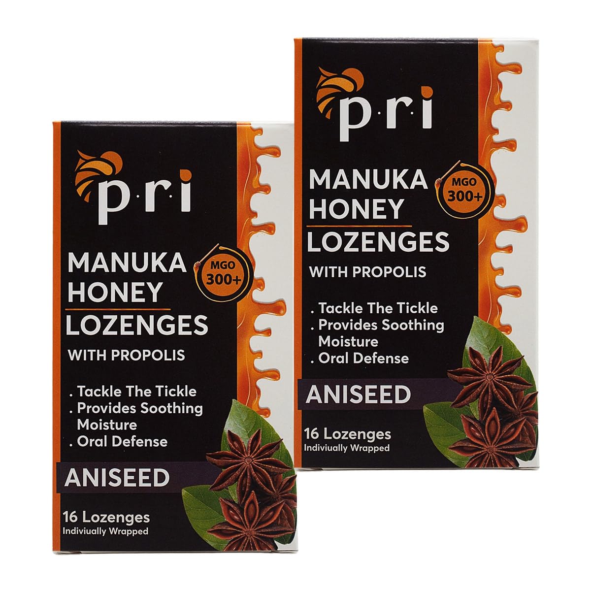 P.R.I Manuka lozenges front view showcasing original aniseed flavor for soothing comfort
