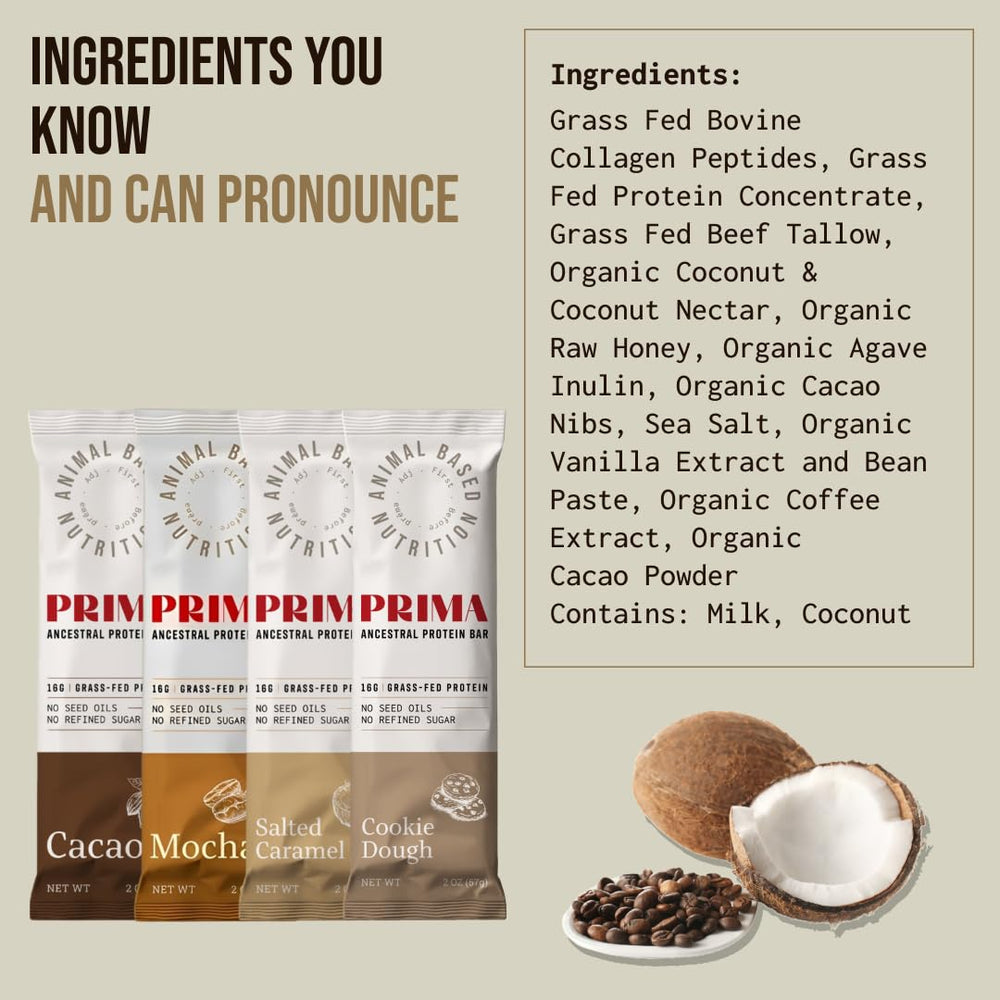 PRIMA ANCESTRAL PROTEIN BAR beef-tallow image highlights a healthy fat source for low-carb snacking.